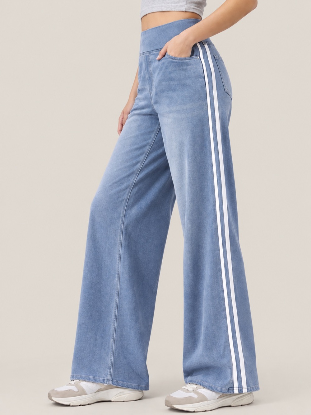 Halara NWT Wide Leg Denim Jogger Pants Blue Stripe High Rise M Tall
